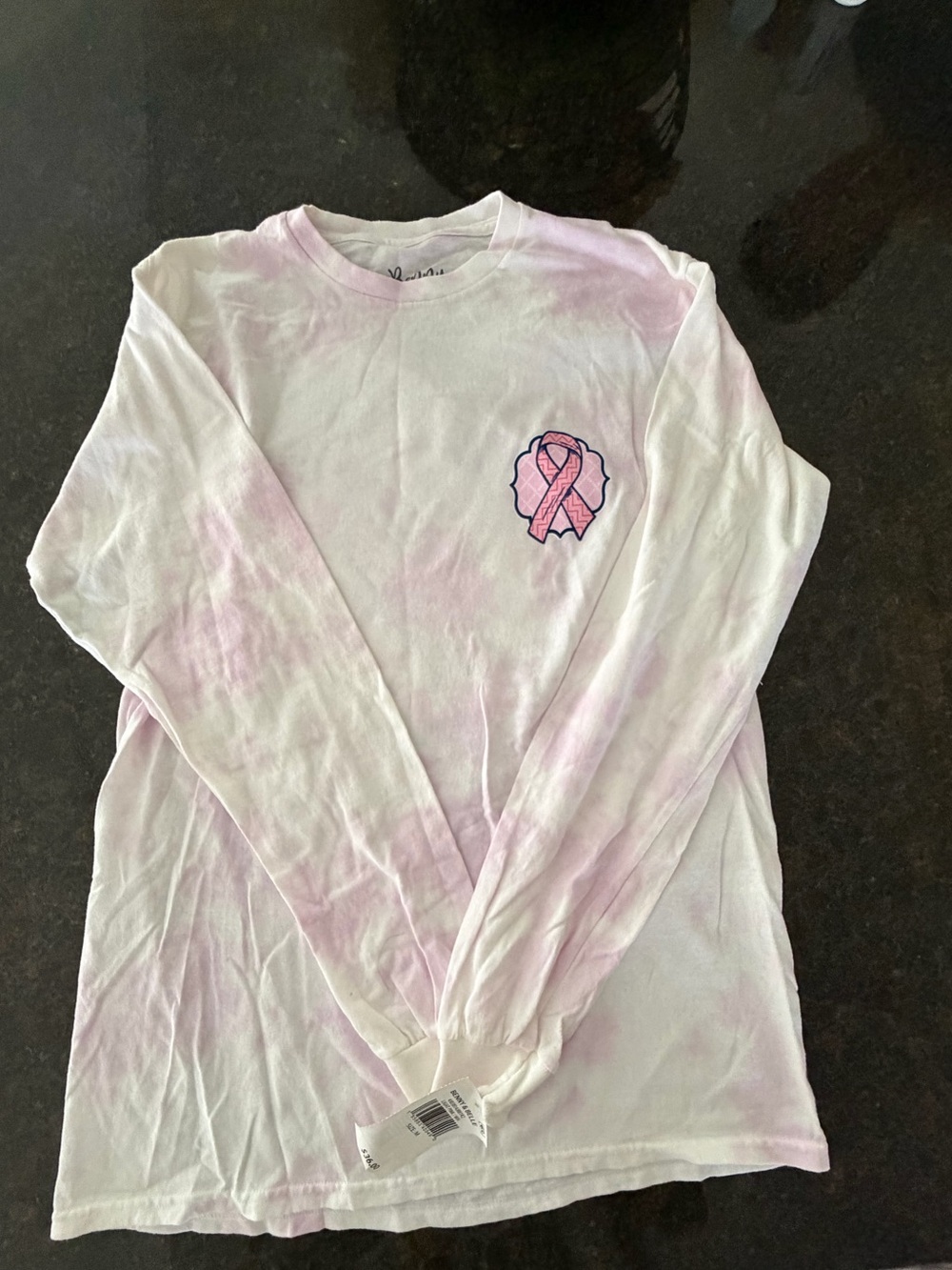 Women's Light Pink Tie-Dye Long Sleeve Tee with Ribbon Graphic